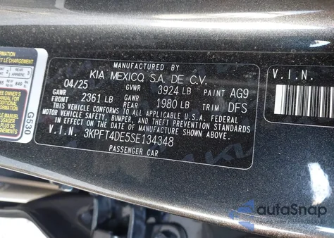 2025 Kia K4 Lx from USA, damaged, VIN 3KPFT4DE5SE134348